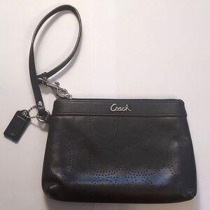 Coach black leather wristlet wallet signature kissing C perforated leather
